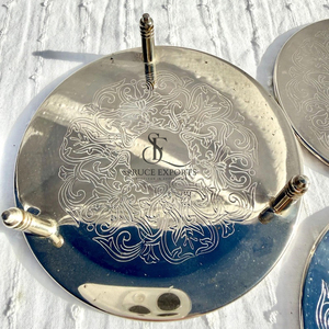 Engraved Design Metal Coaster Set With <b>Stand</b>. Luxury Brass Nickel Plating Round Shape <b>Drink</b> Mats For Wedding Party Table Decor - Product Image 4