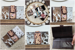 New Fashionable Hair on Cowhide <b>Tooled</b> Floral <b>Leather</b> Women's Clutches Multiple Card Slots Rfid Genuine <b>Leather</b> Travel Wallet - Product Image 3