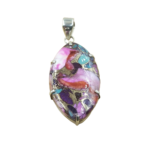 Colgante de Cobre Hecho a Mano con Turquesa, Gemas Rosas, Azules y Rojas, Colgante de Plata 925, Joyería de Diseño, Incrustaciones de Mosaico Marquise - Product Image 1