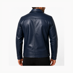 Veste moto en cuir véritable bleu pour homme avec fermeture éclair, col rabattable, coupe ajustée, vêtements d'hiver - Product Image 1