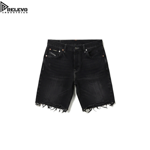 Shorts en jean noir respirant de haute qualité, style streetwear, délavé, déchiré, à cinq poches, taille haute, avec bords effilochés - Product Image 1