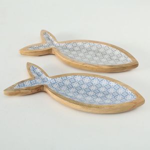 ถาดเสิร์ฟรูปปลาทำจากไม้ ลายดอกไม้สีฟ้า สไตล์นอร์ดิก จานและถ้วย - Product Image 1