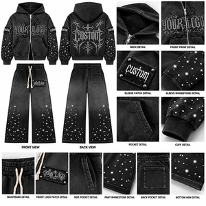 Sudadera con Capucha Gótica con Cierre, Unisex, Negra, con Logotipo Personalizado, Corte Regular, Estilo Urbano de Invierno, con Parches en las Mangas - Product Image 3