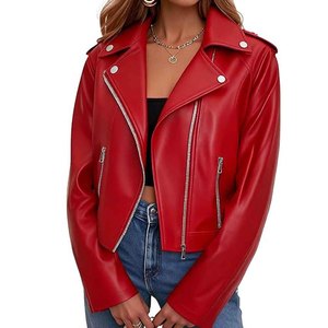 Blouson en cuir pour femme, style motard, coupe ajustée, fermeture éclair, vêtement d'extérieur d'hiver, fournisseur OEM, vente en gros, tricoté uni, respirant - Product Image 5