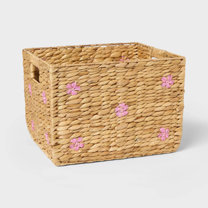KV NATURAL HOME Floral Embroidered Eco-Friendly Water Hyacinth Rattan <b>Basket</b> Handles Open Top Woven Multifunction <b>Toy</b> <b>Storage</b> - Product Image 3