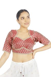 Blusa de Seda Brocada con Bordado Floral Rosa para Mujer, Cuello Redondo, Mangas Cortas, Estilo Vintage Tradicional - Product Image 1