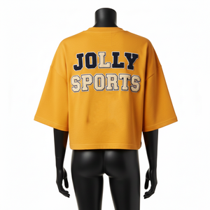 เสื้อครอปท็อปผู้หญิง ผ้าคอตตอนเจอร์ซีย์พรีเมียม GSM นุ่ม สีมัสตาร์ด ทรงครอป ปักโลโก้ตามสั่ง ระบายอากาศได้ดี เสื้อครอปท็อปผู้หญิง - Product Image 2