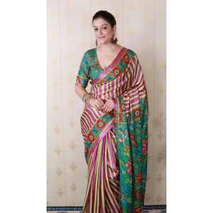 Sari en soie Tussar rose pâle à rayures Zari tissé et imprimé ELITE WEAVES, élégant et réversible, pour femme, idéal pour les soirées et les fêtes. - Product Image 2