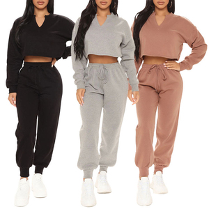 Women Solid Color V-Neck Crop <b>Top</b> Tracksuit With Drawstring Pants Full Sleeve Casual Loose Fit Autumn Wear 100% Cotton - Product Image 1
