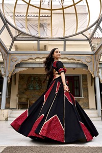 Black <b>Red</b> Flock Print Vintage Traditional Regular Length <b>Lehenga</b> Choli Women India Pakistan Style Cotton Regular Fit Quick Dry - Product Image 4