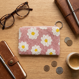 Pochette cosmétique en coton écologique à motif floral perlé, fermeture éclair, style bohème pour femme, portefeuille long pour usage quotidien - Product Image 2