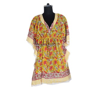 Robe Kaftan pour femmes en coton 100% - Imprimé à la main - KFCS051 - Légère - Vêtement décontracté pour occasions spéciales - Robe Kaftan courte - Product Image 6