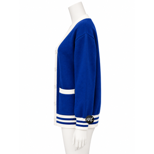 Cárdigan de punto para mujer al por mayor, azul y blanco, con estampado de pata de gallo, cuello en V, manga larga, informal, para otoño, 100% acrílico, con bolsillos, de un solo botón. - Product Image 2