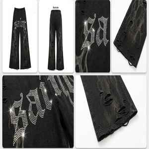 Women Acid Wash Rhinestone Flare Trousers Vintage Bell Bottom Denim <b>Pants</b> Street Wear Fashion Wide Leg Jeans Flare Trousers - Product Image 4