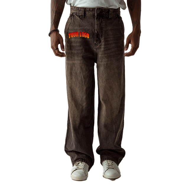 Men's Customizable Denim Jeans-Breathable Color Fade Resistant Streetwear Straight Leg Custom Wash Fabric Logo Size Options