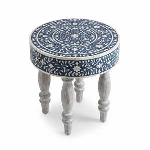 Mesas Nido de Lujo Hechas a Mano con Incrustaciones de Hueso Negro, Taburete Decorativo con Motivo Floral Tradicional, Taburete Lateral de Madera Artesanal India de Primera Calidad - Product Image 2