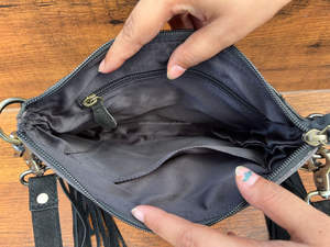 Real Hand Tooled <b>Black</b> Suede Leather <b>Boot</b> Stitch Crossbody Fringe Bag Women's Western Genuine Leather Floral Bohemian Purse - Product Image 6