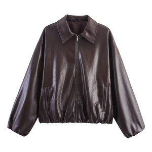 Blouson en simili cuir pour femme, col rabattu, manches longues, fermeture éclair, longueur courte, style automne - Product Image 1
