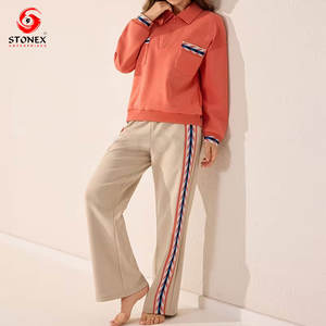 Womens Two-Piece Solid Lounge Set Long Sleeve Half-Zip Top Wide-Leg <b>Pants</b> Side Pockets Soft Comfortable Breathable - Product Image 5