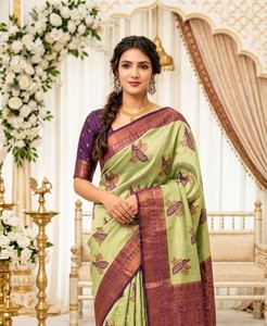 Sari de seda verde y morado con estampado de pavo real, ropa tradicional de boda para mujer - Product Image 1