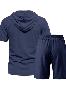Men Solid Color Breathable Knitted Polyester/Cotton Hooded Short Sleeve Shirt Set Button-Up Top Elastic Waist Shorts Casual - Product Image 2