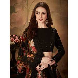 Belle tenue de réception en organza imprimé floral noir Lehenga Choli - Product Image 5