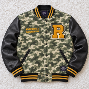 Veste universitaire unisexe avec applique lettre, motif imprimé, fermeture boutonnée, manches contrastantes en PU, logo personnalisé, style baseball - Product Image 2