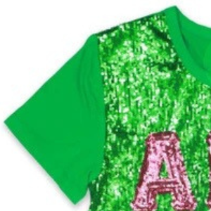 T-shirt à manches courtes vert personnalisé à sequins, motif graphique scintillant, col rond, haut décontracté et tendance, vêtement de fête étincelant pour femme, tenue élégante - Product Image 2