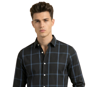 <b>Black</b> Blue Plaid Men Flannel Shirt <b>Long</b> <b>Sleeve</b> Button Checkered Casual Soft Brushed Fabric Everyday Streetwear 100% Cotton - Product Image 3