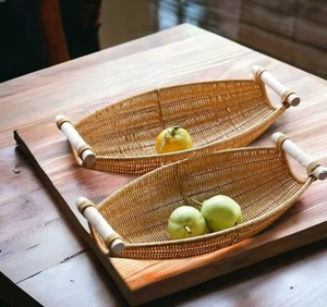 Cestas de Almacenamiento Modernas de Fibra de Bambú y Ratán Marrón Ovaladas Ecológicas al por Mayor con Asas, Portafrutas Multifuncional para Cocina - Product Image 5