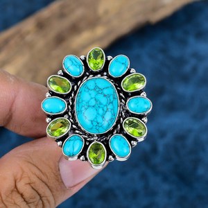 Wholesale Handmade 925 Sterling Silver Blue Turquoise and Peridot Cluster <b>Ring</b> Opaque Gemstone Flower <b>Statement</b> <b>Rings</b> For Women - Product Image 1