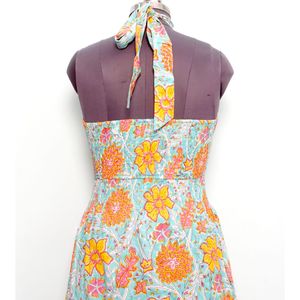 Belle robe trapèze moderne en coton à imprimé floral bohème, col rond, longueur genou, imprimée au bloc, pour fêtes d'été et printemps-été - Product Image 6