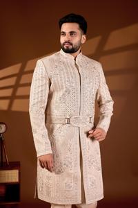 Veste Indowestern de Mariage de Luxe pour Homme, Style Sherwani, Broderie de Fils Pastel en Forme d'Arche de Pétales, Perles Fines et Micro-Paillettes Miroir, Tenue de Marié - Product Image 5
