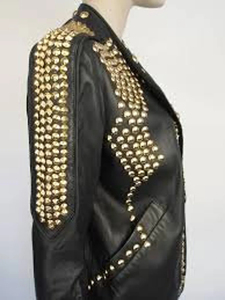 Custom Gold Studded Steampunk Leather <b>Jacket</b> for Women, Genuine Leather Fashion <b>Biker</b> <b>Jacket</b> - Product Image 5