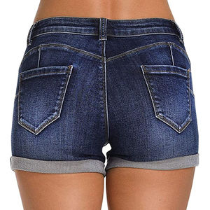 Shorts en jean déchirés taille haute pour femme avec revers retroussés et détails déchirés, style décontracté d'été - Product Image 6