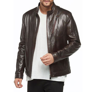 Men's Brown PU Leather Moto <b>Biker</b> <b>Jacket</b> Stand Collar Zipper Closure Regular Fit Autumn Style Solid Color - Product Image 3
