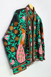 Artisanal Handworked TNT <b>Fabric</b> Jacket | Luxury Peacock Embroidery Unisex Bomber - Product Image 4