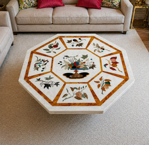 Octagon White Marble Inlay Coffee <b>Table</b> Handmade Stone Center <b>Table</b> Luxury Living Room Furniture Modern Moroccan Decor <b>Table</b> - Product Image 2