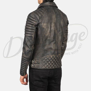 แจ็คเก็ตหนังแท้สีเทาสไตล์ไบค์เกอร์สำหรับผู้ชาย รุ่นพรีเมียม แต่งลายควิลท์ที่ไหล่ ทรงเข้ารูป สไตล์วินเทจ - Product Image 5