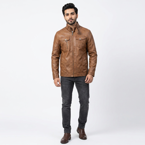 Direct Factory Custom Printed Genuine Leather Winter <b>Jackets</b> Stand Collar Vintage Style Cow Skin Canvas Fabric for <b>Men</b> - Product Image 1