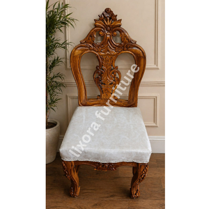 Silla de Comedor de Madera Maciza Hecha a Mano de Lujo con Tallado de Corona Real Ornamental y Asiento con Patrón de Mármol Blanco - Product Image 5