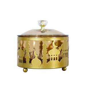 Jarra Decorativa de Vidrio y Metal para Ramadán con Recortes de Mezquita, Redonda, Tamaño Mediano, Reutilizable, Adorno para Interiores - Product Image 1