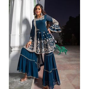 เสื้อลูกไม้ปักลวดลายสวยงามผ้าจอร์เจียพร้อมสีฟ้า - Product Image 1