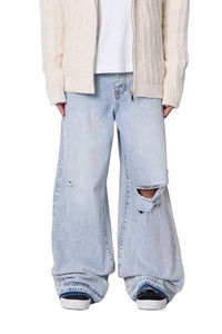 Jean en denim déchiré bleu moyen pour homme, 100 % coton, taille mi-haute, coupe ample décontractée, style streetwear vintage - Product Image 2