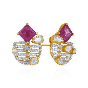 Boucles d'oreilles clous en or jaune 14 carats avec rubis et diamants de laboratoire, taille princesse, bijoux fins pour femme - Product Image 2