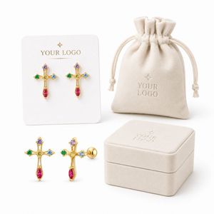 Boucles d'oreilles croisées pour femmes, hauteur 6 mm, avec zircons cubiques colorés, clous en argent S925 pour piercing au cartilage - Product Image 1