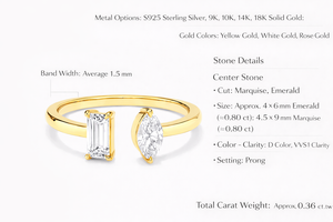 Bague Toi et Moi en Diamant de Laboratoire Or Jaune 14K Taille Émeraude Diamant Marquise Certifié IGI Luxe Minimaliste Délicat Ouvert Cadeau - Product Image 2