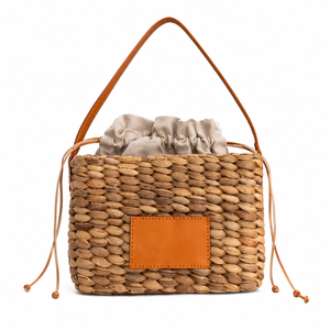 TAS GEMILANG Handmade <b>Woven</b> Rattan Bucket <b>Bag</b> Cotton <b>Leather</b> Strap Drawstring Closure Bohemian Style Women's Handbag Daily Use - Product Image 1