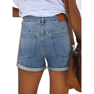 Pantalones Cortos de Jean de Cintura Alta para Mujer, Estilo Casual de Verano, Algodón Lavado a la Piedra, Azul, Dobladillo con Vuelta, Pierna Recta, Ajuste Regular, Precio de Fábrica - Product Image 2