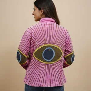 Veste en coton rose brodée œil porte-bonheur style bohème pour femme, manteau décontracté de style ethnique artistique vintage - Product Image 5